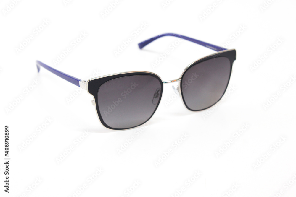 Sun glasses, black frame, blue arms Sun glasses, black frame, blue arms