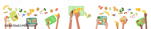 Children hands making healthy lunch for kids school lunchbox banner