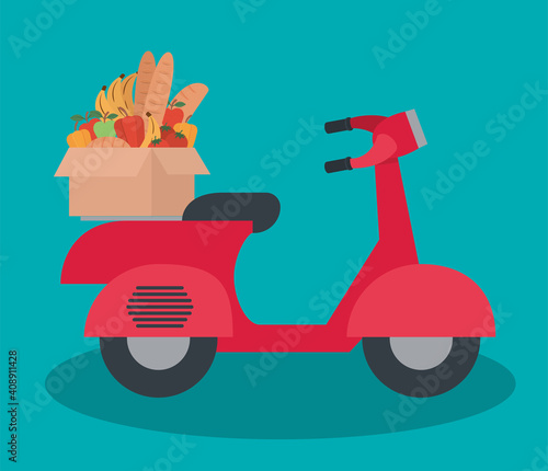 delivery mortorbike with one box full of market products photo