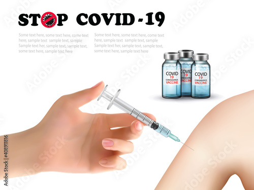 Covid-19 virus vaccination with syringe injection tool for coronavirus immunization treatment. Hand holding syrringe with vaccine. Vector photo