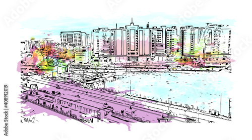 Building view with landmark of Surat is the
city in India. Watercolor splash with hand drawn sketch illustration in vector.