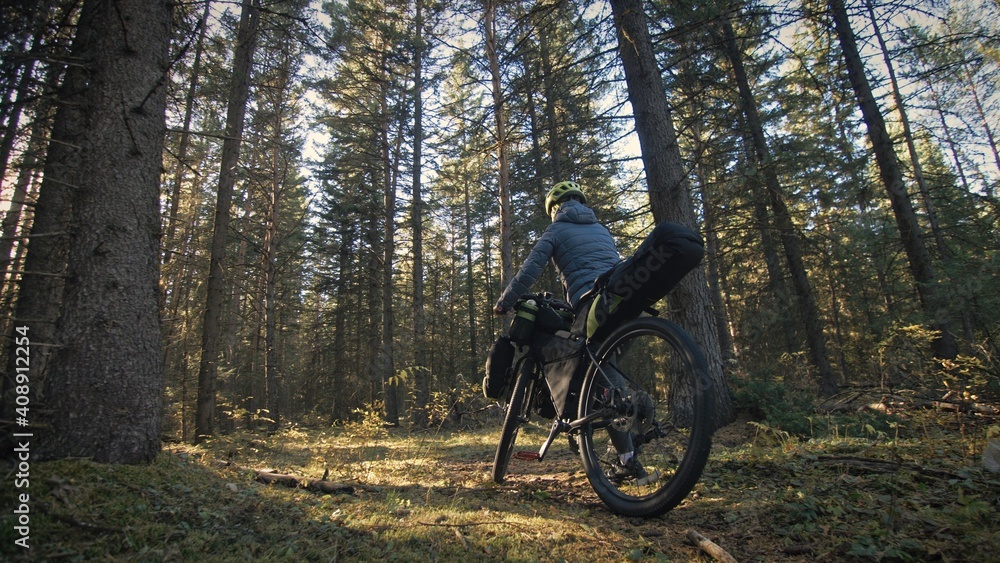The woman travel on mixed terrain cycle touring with bike bikepacking outdoor. The traveler journey with bicycle bags. Stylish bikepacking, bike, sportswear in green black colors. Magic forest park. The woman travel on mixed terrain cycle touring with bike bikepacking outdoor. The traveler journey with bicycle bags. Stylish bikepacking, bike, sportswear in green black colors. Magic forest park.