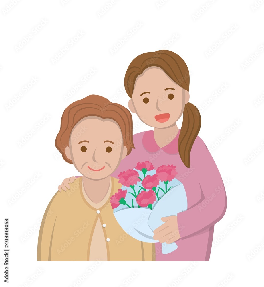 Mother's Day comic characters vector illustration, mother and daughter hugging, celebrating holiday with carnations Mother's Day comic characters vector illustration, mother and daughter hugging, celebrating holiday with carnations