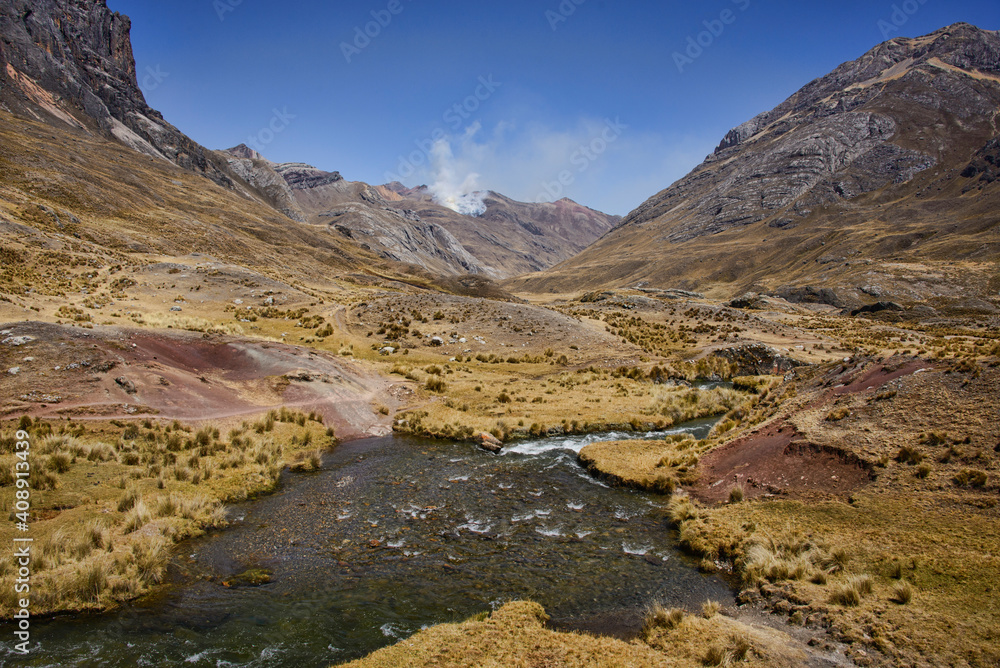 Beautiful sceneries along the Guñoc hot springs at Viconga on the Cordillera Huayhuash circuit, Ancash, Peru