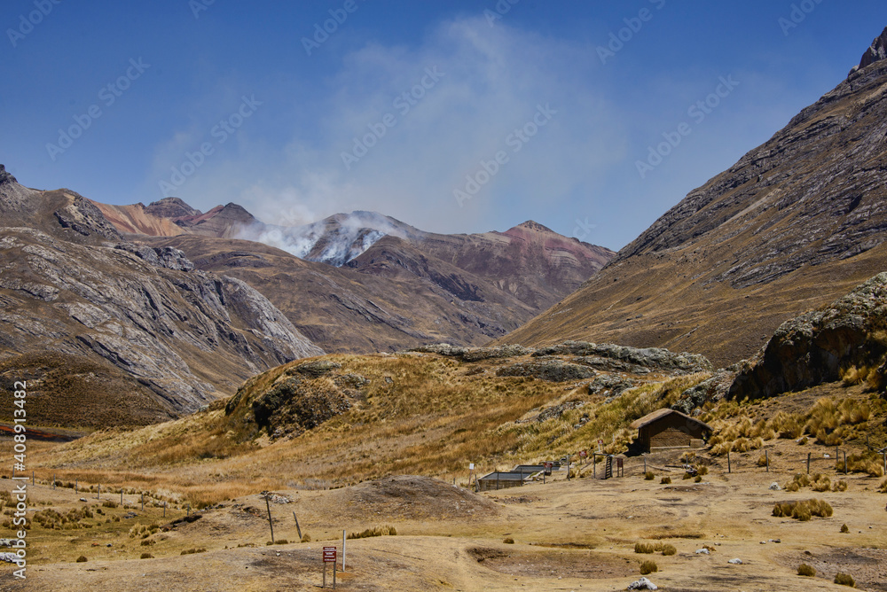 Beautiful sceneries along the Guñoc hot springs at Viconga on the Cordillera Huayhuash circuit, Ancash, Peru