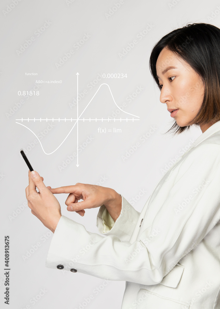 Futuristic digital graph presentation by a businesswoman in white suit Futuristic digital graph presentation by a businesswoman in white suit