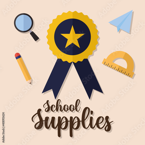 school supplies lettering and bundle of school supplies