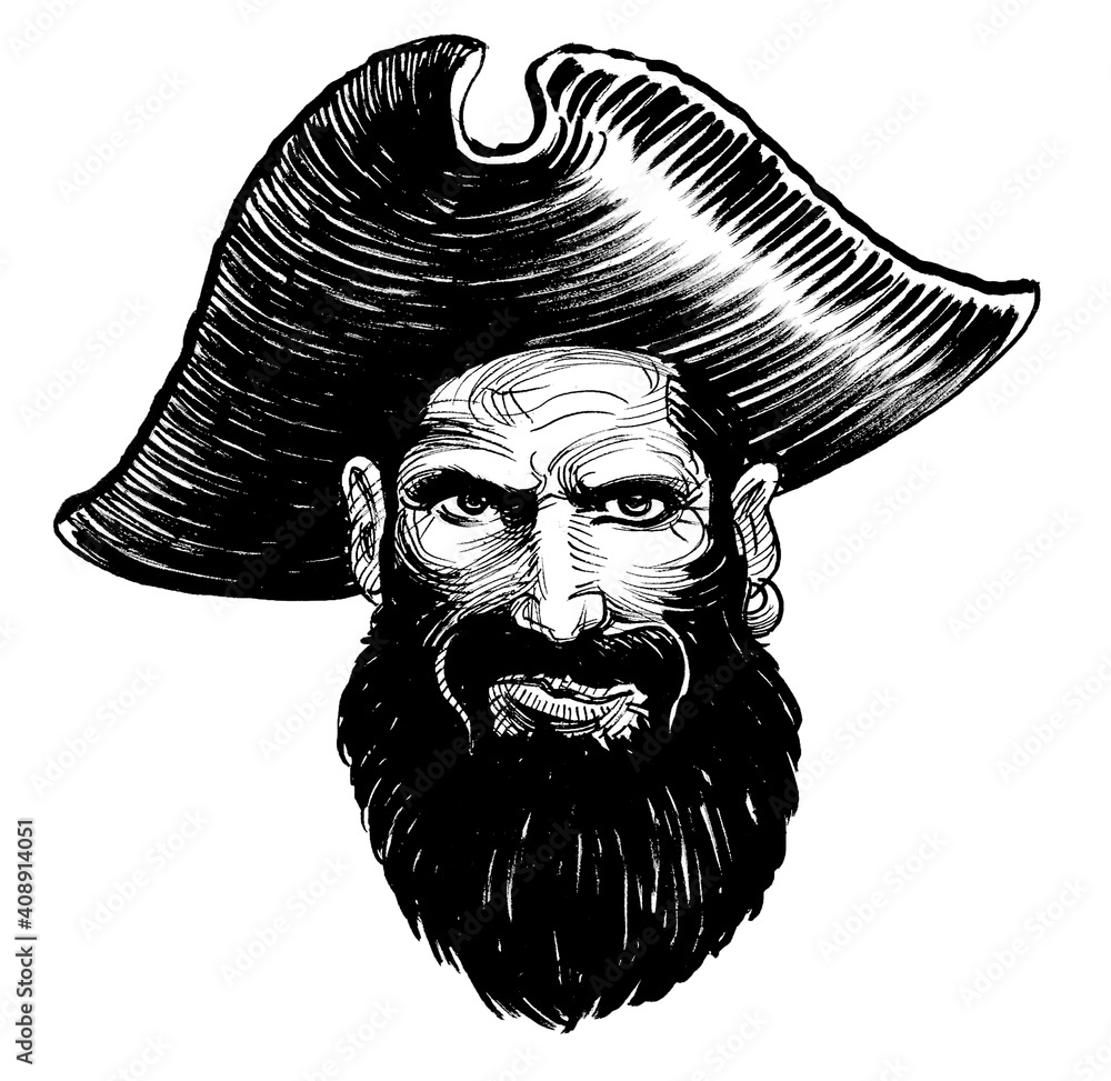Bearded pirate captain in hat. Ink black and white drawing Stock ...