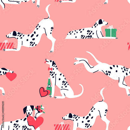 Cute valentine's dalmatian dog seamless pattern