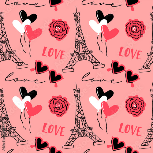 Love paris doodle cartoon seamless pattern