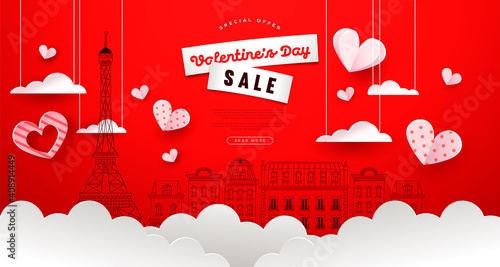 Valentine's Day sale paper cut paris city template