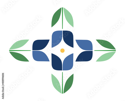 Retro blue flowers with green leaves