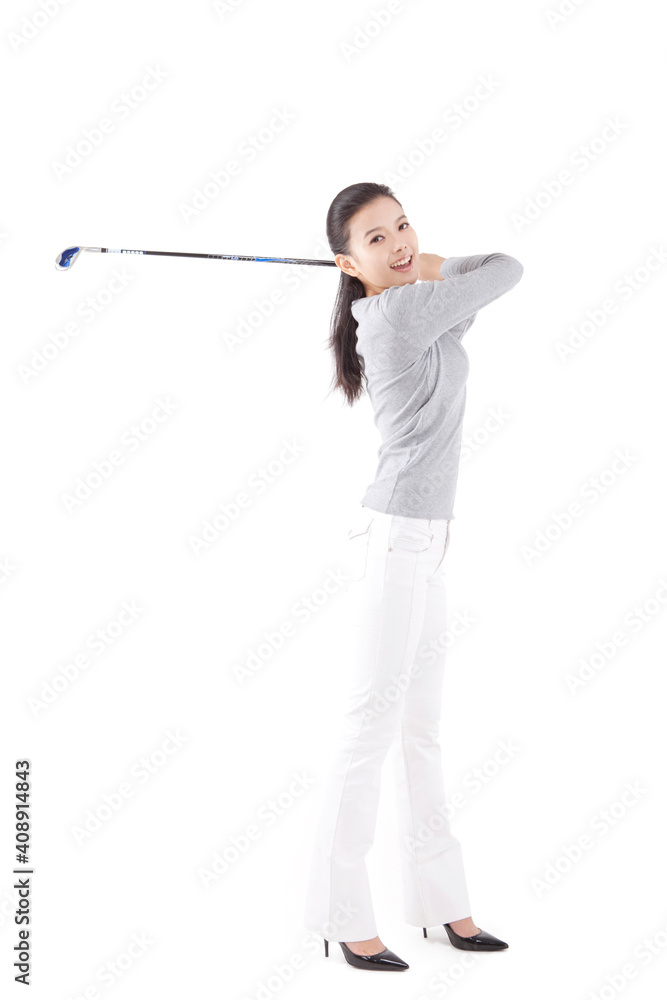 Oriental fashion female with a golf club Oriental fashion female with a golf club