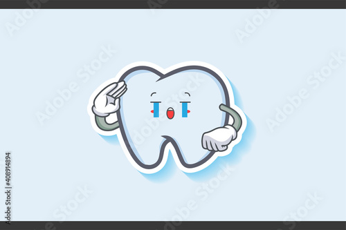 CRYING, SAD, SOB, CRY Face Emotion. Salute, Respect Handgun Gesture. Tooth Cartoon Drawing Mascot Illustration.