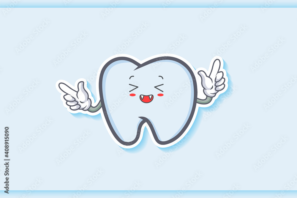 Fototapeta premium LAUGHING, HAPPY, FUN, CHEERFUL Face Emotion. Double Forefinger Handgun Gesture. Tooth Cartoon Drawing Mascot Illustration.