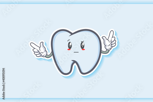 REALLY, ATTENTIVE, CURIOS Face Emotion. Double Forefinger Handgun Gesture. Tooth Cartoon Drawing Mascot Illustration.