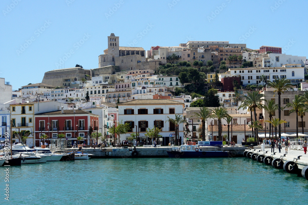 A bright sunny afternoon on the waterfront of the capital of the island of Ibiza.