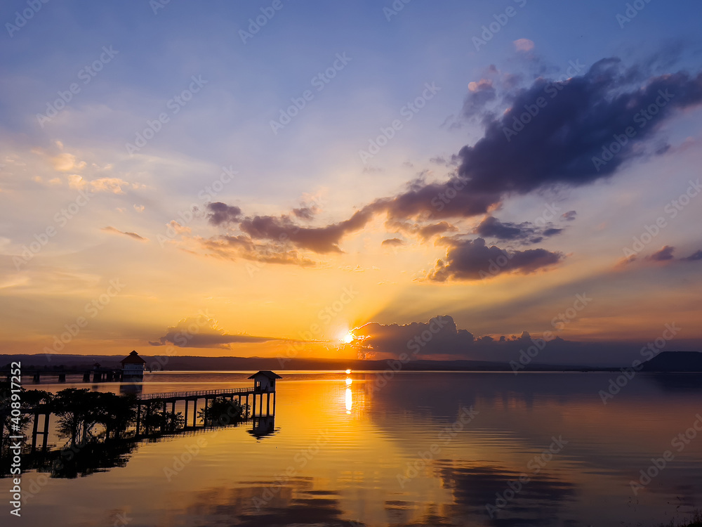sunset in river at Lum Chae dam, Khonburi, Nakhon Ratchasima, Thailand sunset in river at Lum Chae dam, Khonburi, Nakhon Ratchasima, Thailand
