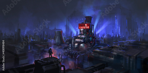 Steampunk style city, new coronavirus factory, digital painting.