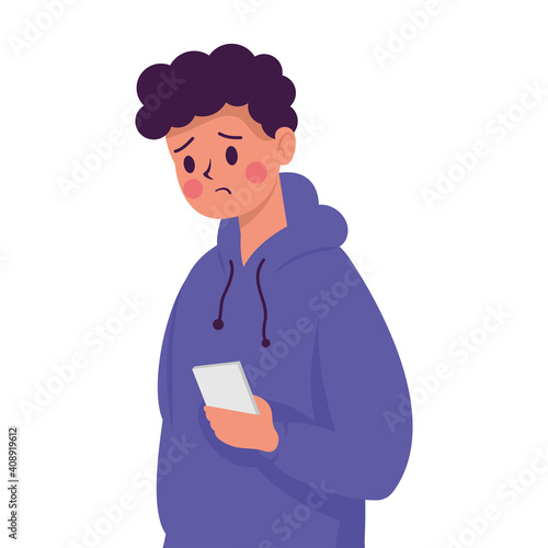 young man with smartphone victim of cyber bullying character