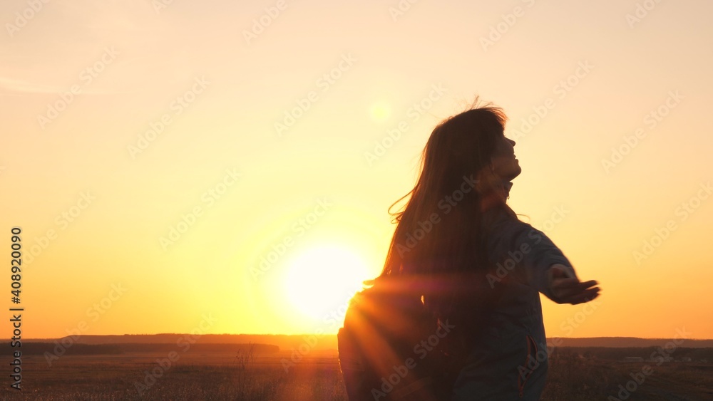 happy girl teen child closed her eyes dream. teenage kid wants a dream come true portrait at sunset. woman daughter silhouette dream of a happy childhood. free face sister closed eyes