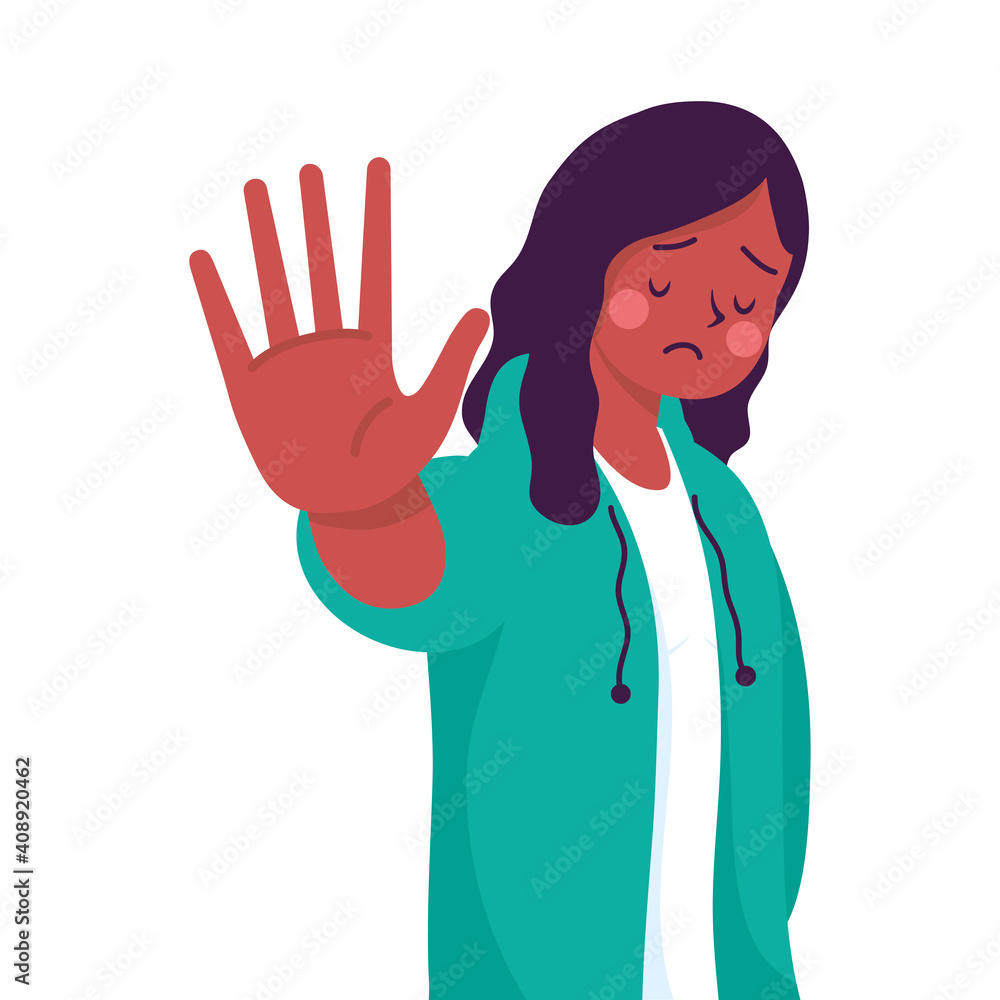 afro young woman victim of bullying with stop signal character afro young woman victim of bullying with stop signal character