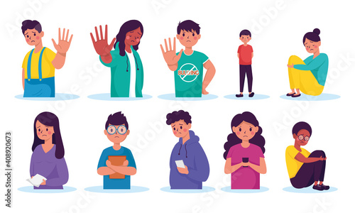 group of young persons victims of bullying characters