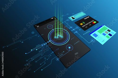 Vector fingerprint scanning symbol with password security and electronic circuit lock protection connect credit card to shopping online for business technology background.