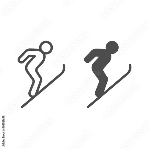 Flying skier line and solid icon, Winter season concept, Ski Jumper sign on white background, Ski jumping silhouette icon in outline style for mobile concept and web design. Vector graphics.