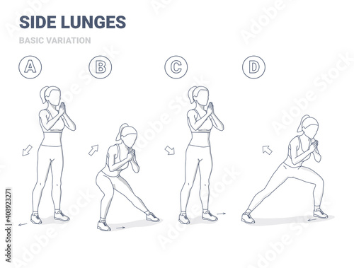 Side Lunges Girl Exercise Guidance. Lateral Lunges home weightloss workout exercise illustration.