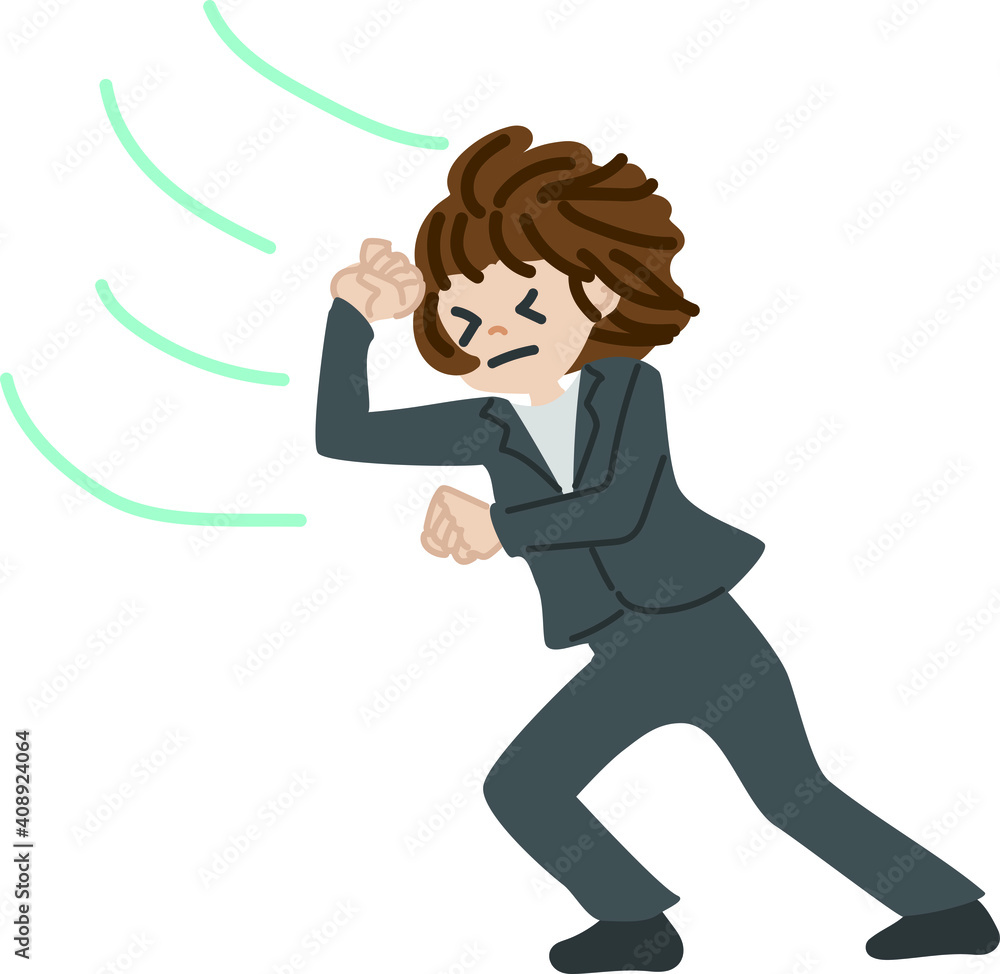強い風に耐えるスーツの女性のイラスト