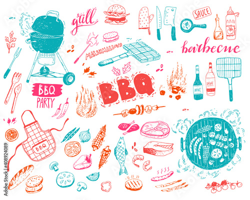 BBQ doodle set. Different elements, food, vegetables, fish and meat, equipment. Vector illustration.