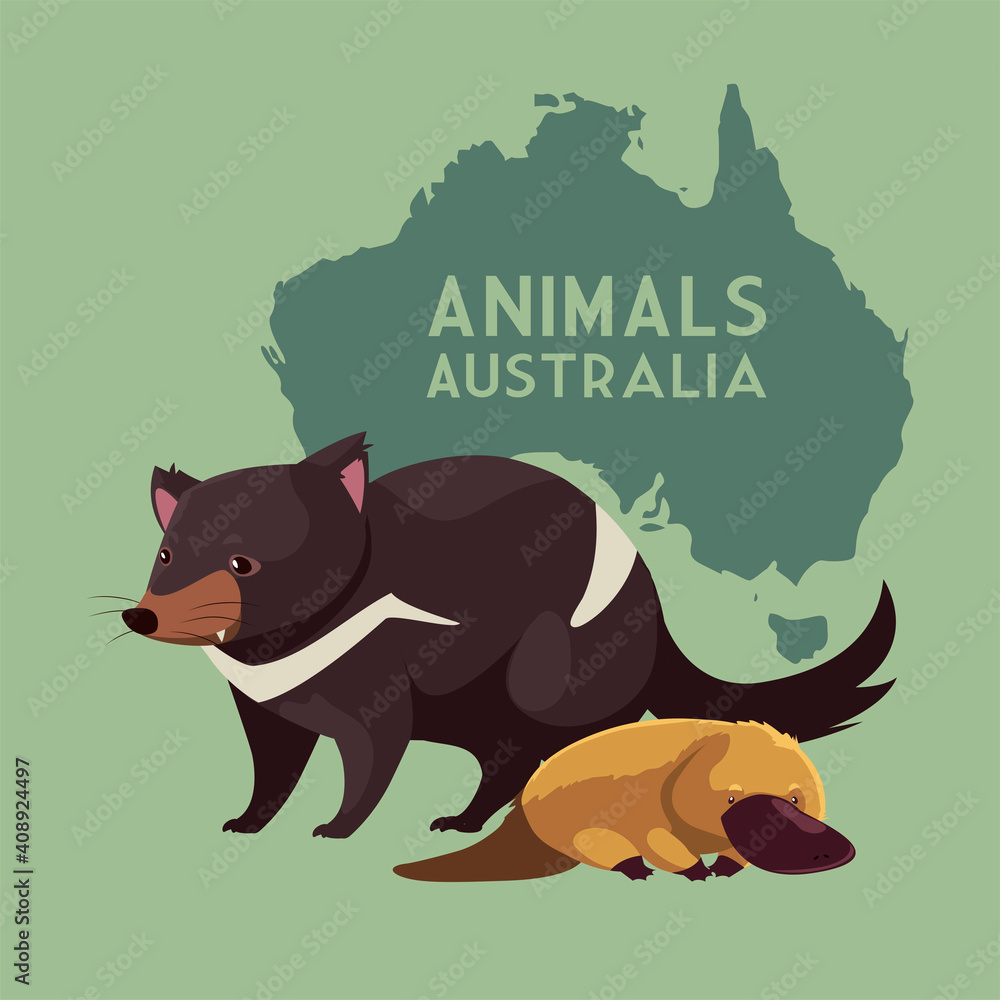 tasmanian devil and platypus australian continent map animal wildlife ...