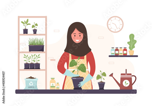 Planting at home. Cartoon islamic woman replanting seedling in orangery. Gardening hobby. Vector illustration in flat style. Domestic plants nursery and care concept.