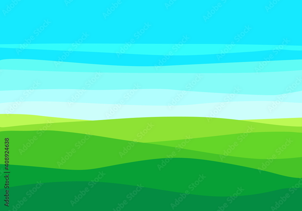Empty green field and blue sky on a sunny summer day. Flat meadow landscape with grass. Farm valley landscape. Green hills landscape background, empty glade template. Vector grass fields landscape. 