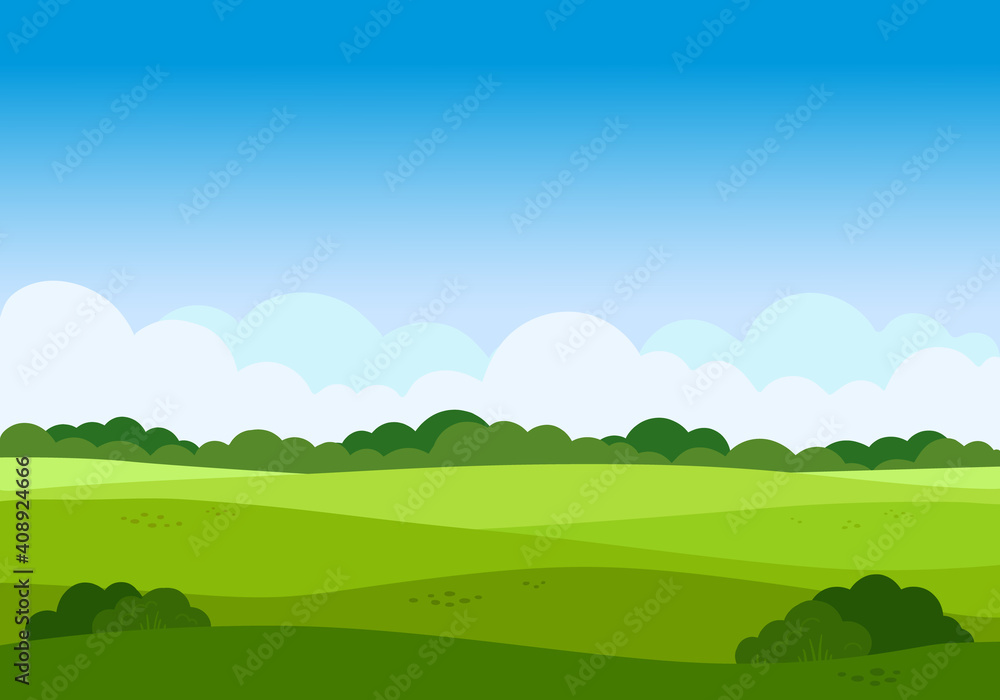 Vector cartoon meadow landscape with grass. Blue sky with white clouds. Flat valley landscape. Empty green field with trees on sunny summer day. Green hills landscape background, empty glade template. - obrazy, fototapety, plakaty 