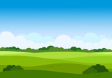 Vector cartoon meadow landscape with grass. Blue sky with white clouds. Flat valley landscape. Empty green field with trees on sunny summer day. Green hills landscape background, empty glade template.