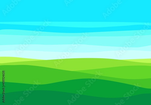 Empty green field and blue sky on a sunny summer day. Flat meadow landscape with grass. Farm valley landscape. Green hills landscape background, empty glade template. Vector grass fields landscape. 