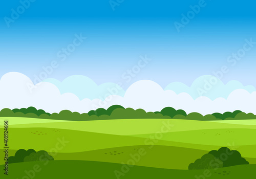 Vector cartoon meadow landscape with grass. Blue sky with white clouds. Flat valley landscape. Empty green field with trees on sunny summer day. Green hills landscape background, empty glade template.