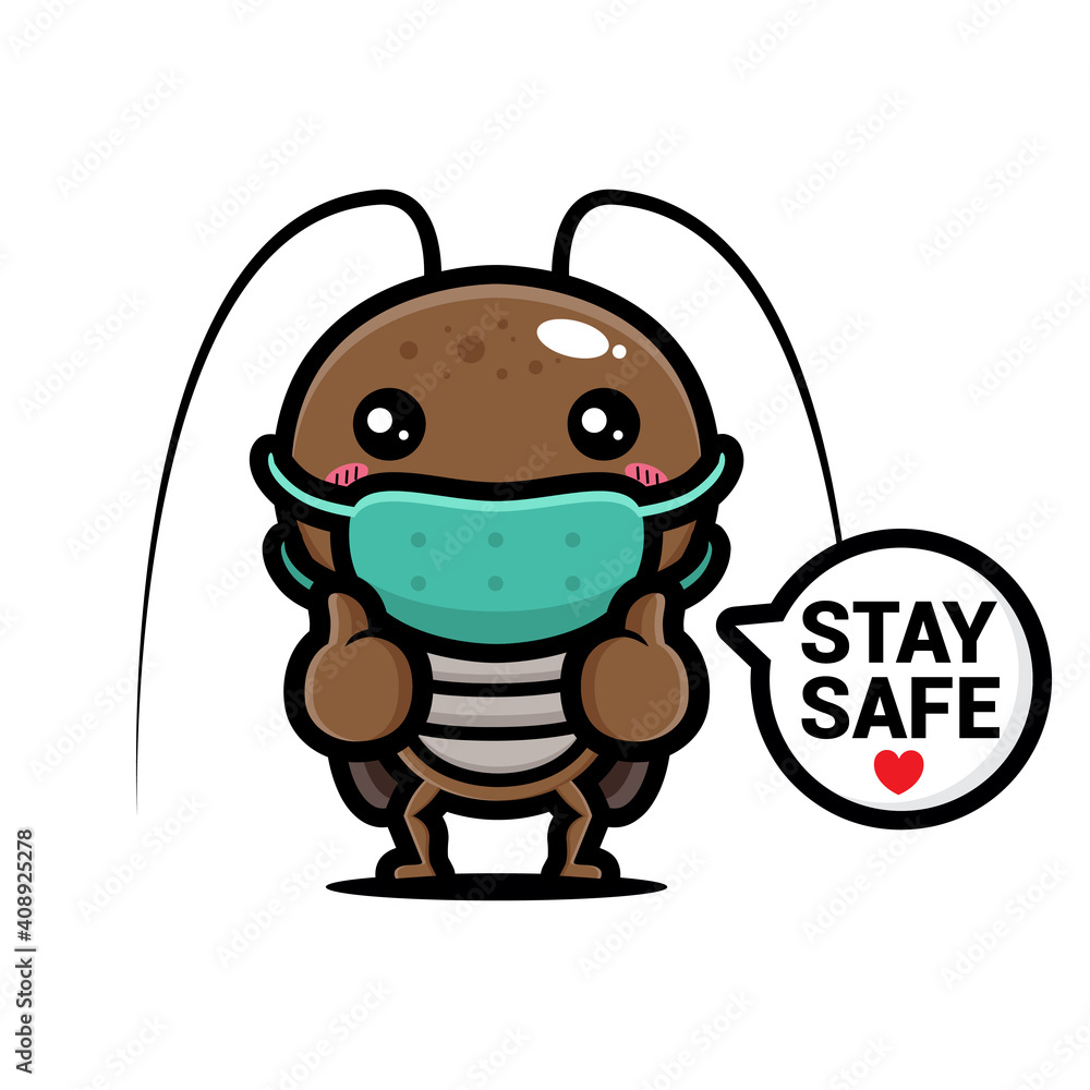 Obraz premium Vector design of cute cockroach wearing mask with stay safe text