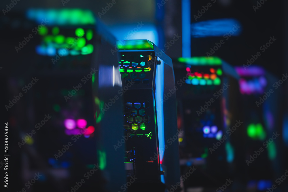 View of Gaming PC with rgb led lights, powerful high end personal computer, assembled with hardware components, at home or in cybersport arena