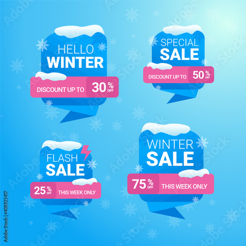 set of discount sticker winter sale tag flat design concept