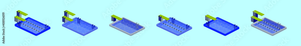 set of isometric springboard cartoon icon design template with various models. vector illustration isolated on blue background