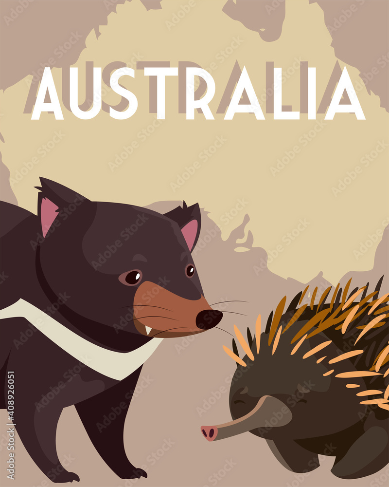 hedgehog and tasmanian devil australian map animal wildlife Stock ...
