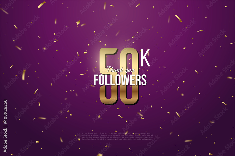 Thank you to 50k followers with gold numbers on a purple background with gold spots.