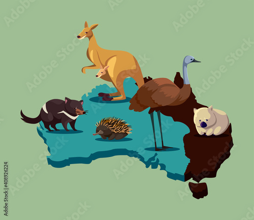 map of Australia with cute animals wildlife