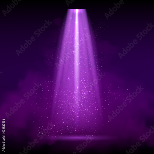 Purple spotlight. Bright lighting with spotlights of the stage with purple ducst on transparent background.