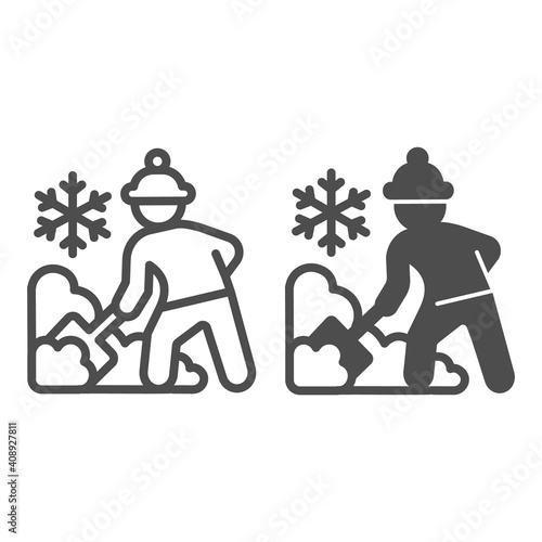 Worker cleans snow on street line and solid icon, Winter season concept, Sweeper with shovel sign on white background, snow removal with shovel icon in outline style for mobile. Vector graphics.