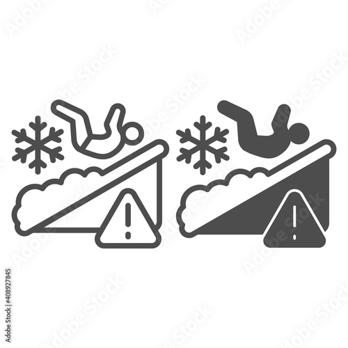 Man falls on ice line and solid icon, Winter season concept, Slippery ice sign on white background, Fallen person with snowflake and triangle caution sign in outline style. Vector graphics.