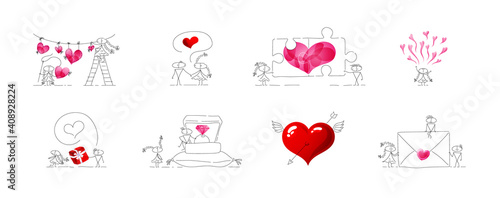 A collection of quality Valentines. Bundle of vector cute miniatures. Set of festive emojis.